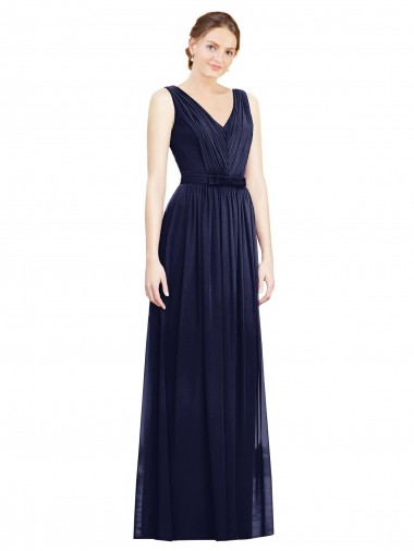 Acheter Bleu marine foncé Trapèze Col V Mousseline Longue Robes demoiselle d'honneur