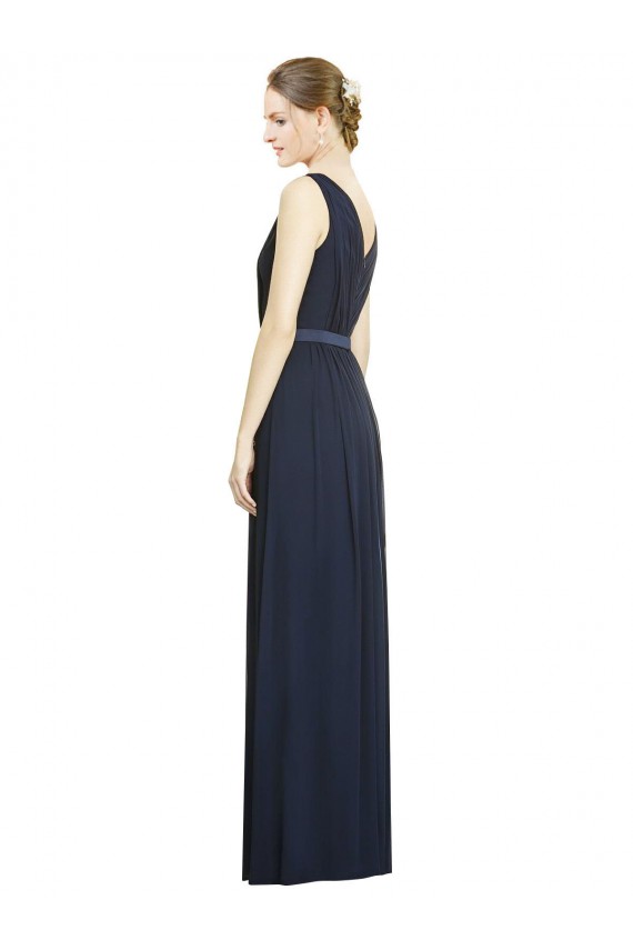 Acheter Bleu marine foncé Trapèze Col V Mousseline Longue Robes demoiselle d'honneur