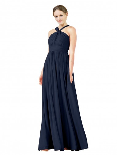 Acheter Bleu marine foncé Trapèze Col V Mousseline Longue Robes demoiselle d'honneur