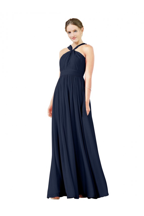 Acheter Bleu marine foncé Trapèze Col V Mousseline Longue Robes demoiselle d'honneur