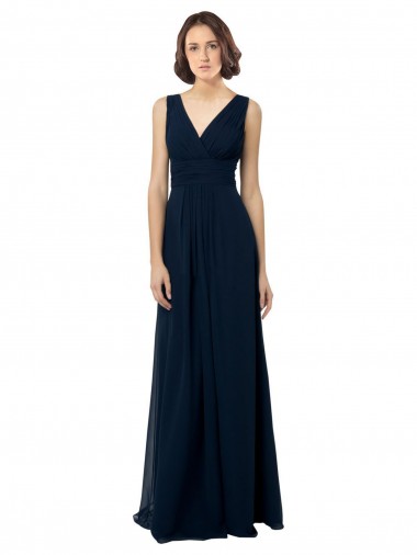 Acheter Bleu marine foncé Trapèze Col V Mousseline Longue Robes demoiselle d'honneur