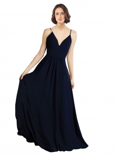 Acheter Bleu marine foncé Trapèze Col V Mousseline Longue Robes demoiselle d'honneur