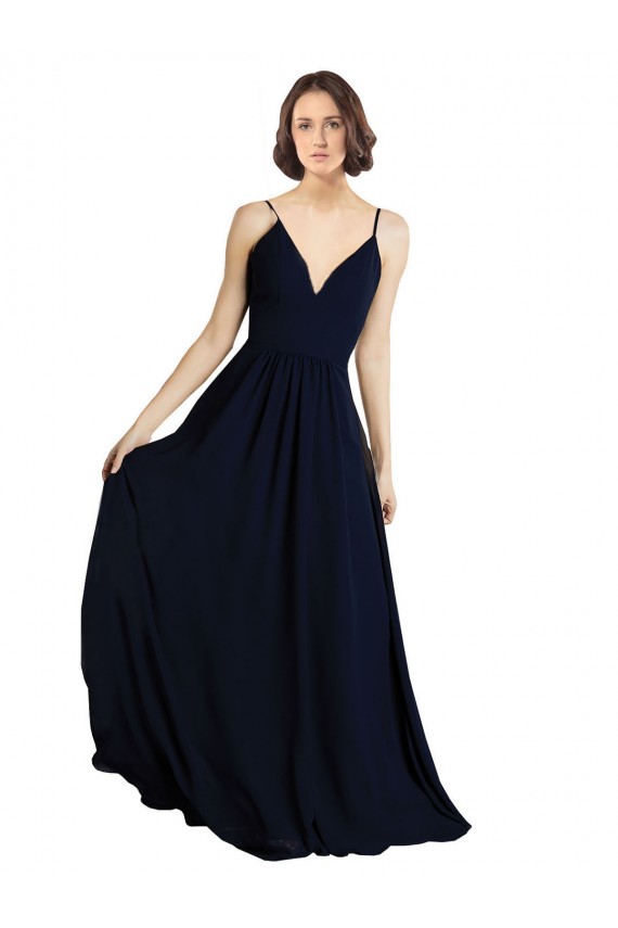 Acheter Bleu marine foncé Trapèze Col V Mousseline Longue Robes demoiselle d'honneur