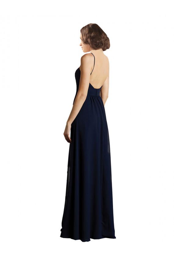Acheter Bleu marine foncé Trapèze Col V Mousseline Longue Robes demoiselle d'honneur