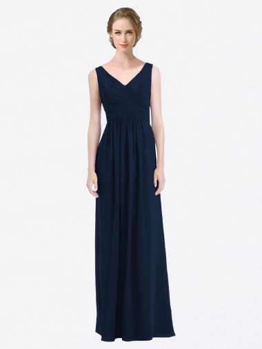Acheter Bleu marine foncé Trapèze Col V Mousseline Longue Robes demoiselle d'honneur