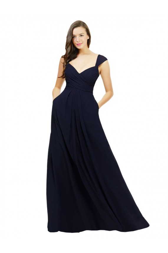 Acheter Bleu marine foncé Trapèze Col V Mousseline Longue Robes demoiselle d'honneur