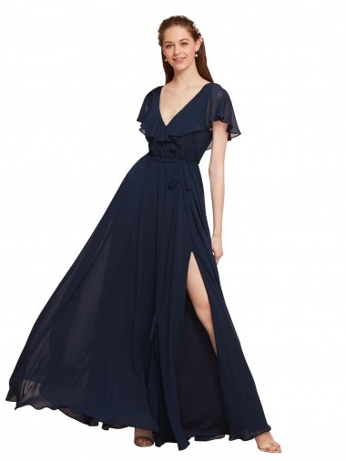Acheter Bleu marine foncé Trapèze Col V Mousseline Longue Robes demoiselle d'honneur