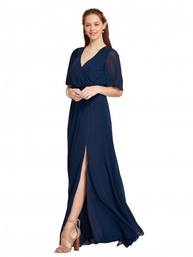 Acheter Bleu marine foncé Trapèze Col V Mousseline Longue Robes demoiselle d'honneur