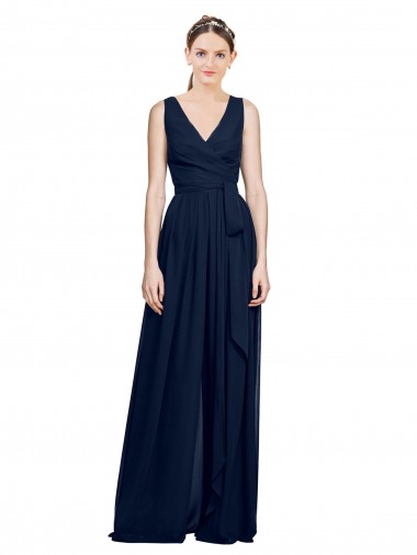 Acheter Bleu marine foncé Trapèze Col V Mousseline Longue Robes demoiselle d'honneur
