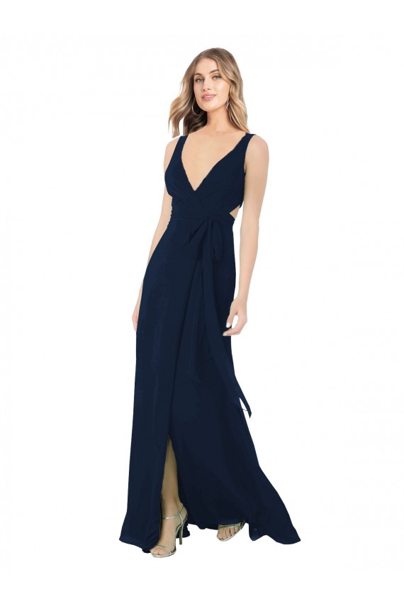 Acheter Bleu marine foncé Trapèze Col V Mousseline Longue Robes demoiselle d'honneur