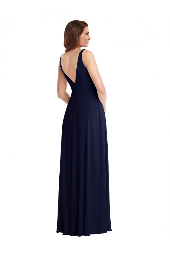 Acheter Bleu marine foncé Trapèze Col V Mousseline Longue Robes demoiselle d'honneur