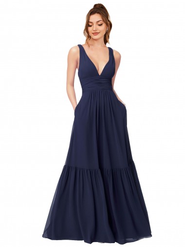 Acheter Bleu marine foncé Trapèze Col V Mousseline Longue Robes demoiselle d'honneur