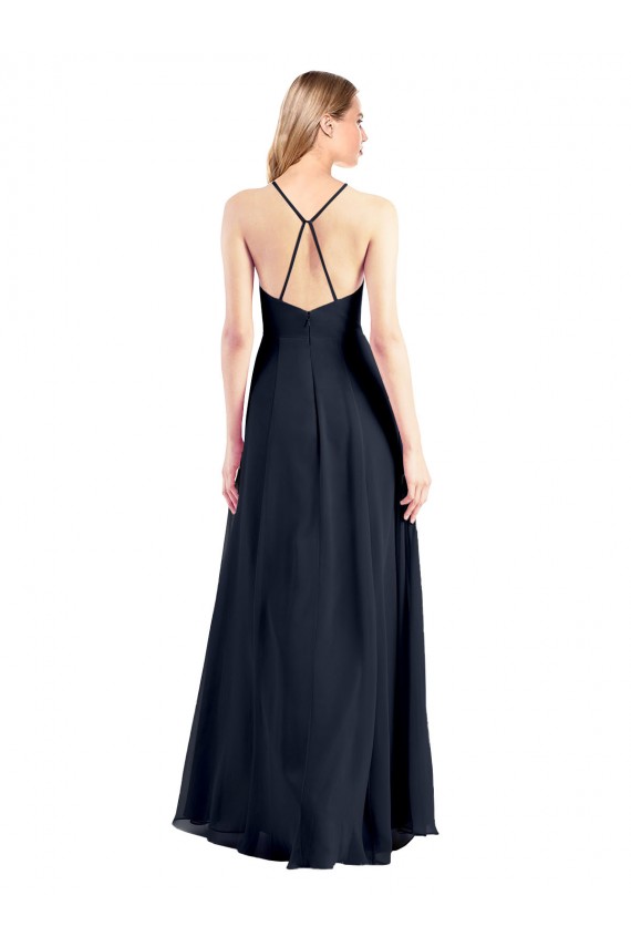 Acheter Bleu marine foncé Trapèze Col V Mousseline Longue Robes demoiselle d'honneur / Robes de bal