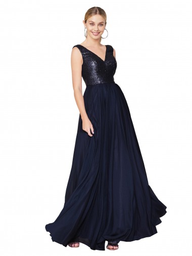 Acheter Bleu marine foncé Trapèze Col V Mousseline Paillette Longue Robes demoiselle d'honneur / Robes de bal