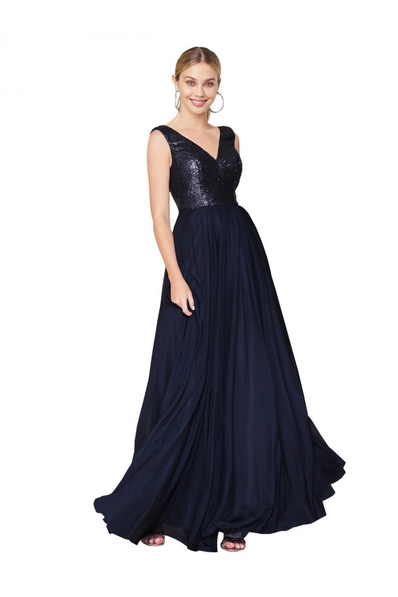 Acheter Bleu marine foncé Trapèze Col V Mousseline Paillette Longue Robes demoiselle d'honneur / Robes de bal