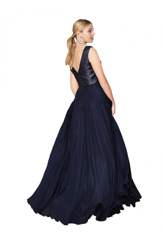 Acheter Bleu marine foncé Trapèze Col V Mousseline Paillette Longue Robes demoiselle d'honneur / Robes de bal