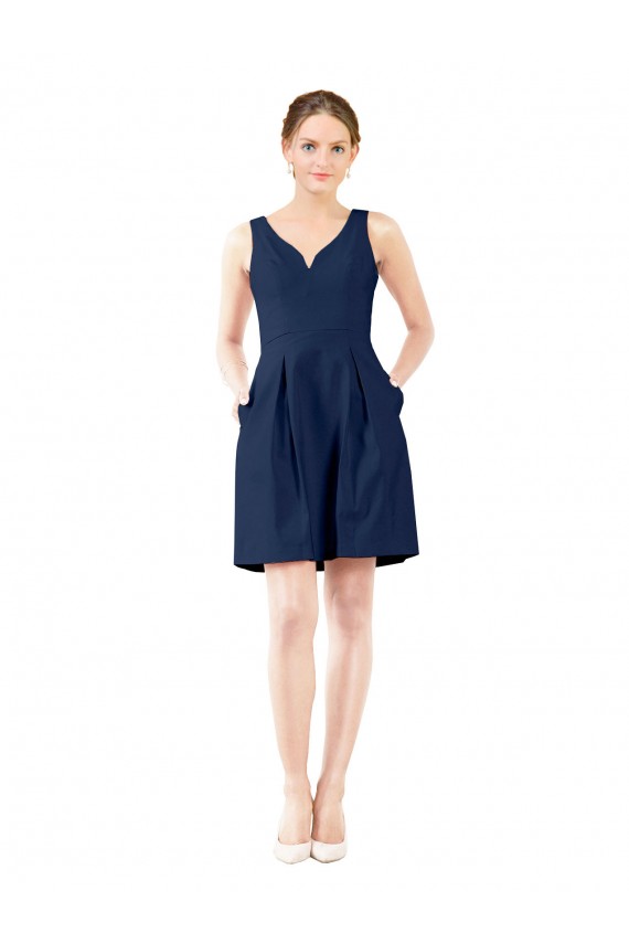 Acheter Bleu marine foncé Trapèze Col V Satiné Courte Robes demoiselle d'honneur / Robes de cocktail