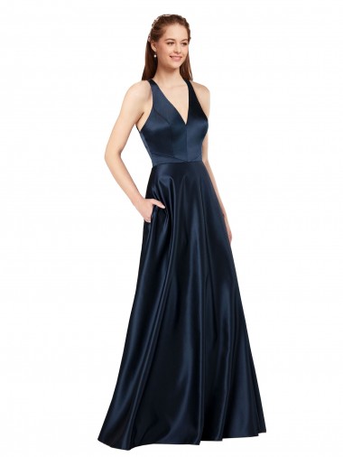 Acheter Bleu marine foncé Trapèze Col V Satiné Longue Formelles Robes demoiselle d'honneur / Robes de soirée / Robes de bal