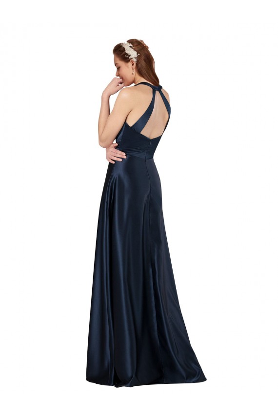 Acheter Bleu marine foncé Trapèze Col V Satiné Longue Formelles Robes demoiselle d'honneur / Robes de soirée / Robes de bal