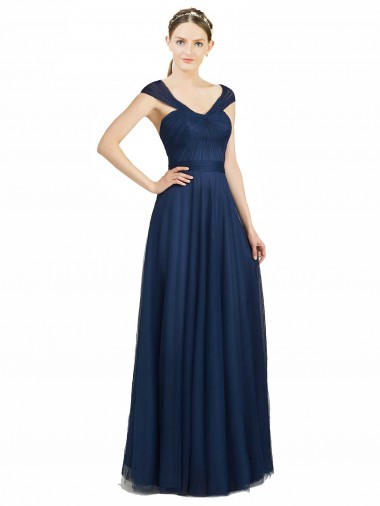 Acheter Bleu marine foncé Trapèze Col V Tulle Longue Robes demoiselle d'honneur