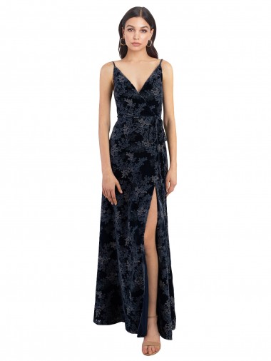 Acheter Bleu marine foncé Trapèze Col V Velours Floral Velours Stretch Longue Robes demoiselle d'honneur