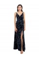 Acheter Bleu marine foncé Trapèze Col V Velours Floral Velours Stretch Longue Robes demoiselle d'honneur