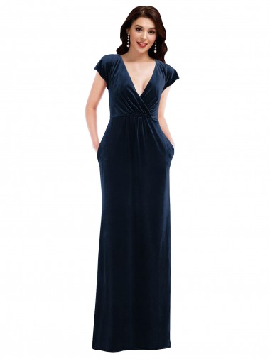 Acheter Bleu marine foncé Trapèze Col V Velours Stretch Longue Formelles Robes demoiselle d'honneur / Robes de soirée / Robes de bal