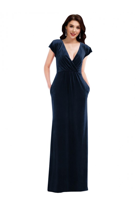Acheter Bleu marine foncé Trapèze Col V Velours Stretch Longue Formelles Robes demoiselle d'honneur / Robes de soirée / Robes de bal