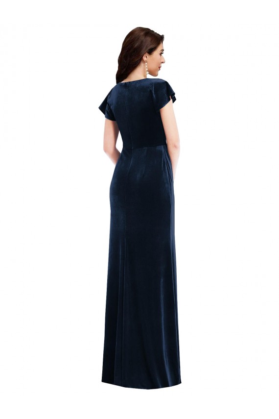 Acheter Bleu marine foncé Trapèze Col V Velours Stretch Longue Formelles Robes demoiselle d'honneur / Robes de soirée / Robes de bal