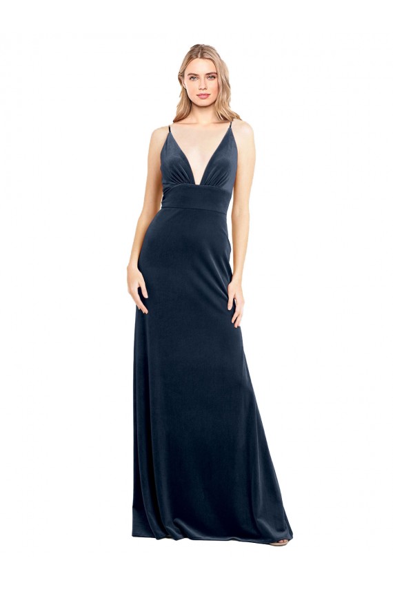 Acheter Bleu marine foncé Trapèze Col V Velours Stretch Longue Robes demoiselle d'honneur / Robes de bal
