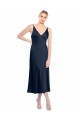 Acheter Bleu marine foncé Trapèze Col V midi Satiné Stretch Courte Robes demoiselle d'honneur / Robes de soirée / Robes de cocktail