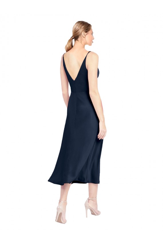 Acheter Bleu marine foncé Trapèze Col V midi Satiné Stretch Courte Robes demoiselle d'honneur / Robes de soirée / Robes de cocktail