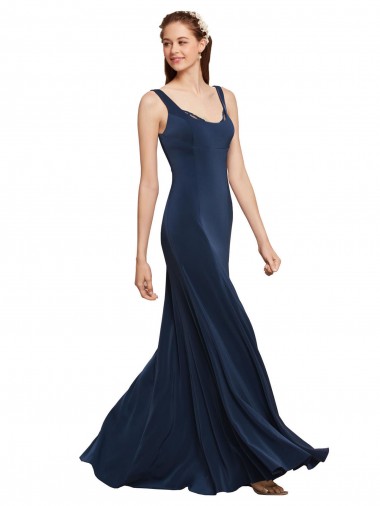 Acheter Bleu marine foncé Trapèze Col rond Crêpe Stretch Longue Formelles Robes demoiselle d'honneur / Robes de soirée / Robes de bal