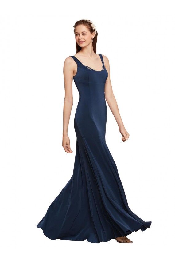 Acheter Bleu marine foncé Trapèze Col rond Crêpe Stretch Longue Formelles Robes demoiselle d'honneur / Robes de soirée / Robes de bal