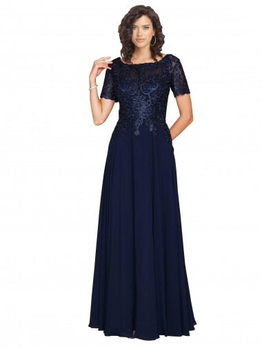 Acheter Bleu marine foncé Trapèze Col rond Mousseline Longue Robes demoiselle d'honneur / Robes de bal