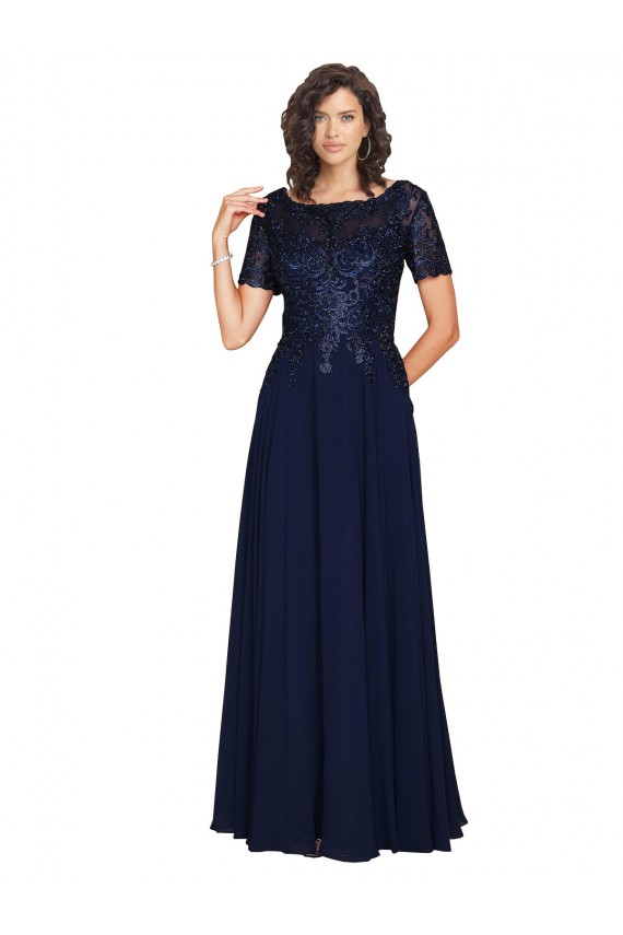 Acheter Bleu marine foncé Trapèze Col rond Mousseline Longue Robes demoiselle d'honneur / Robes de bal