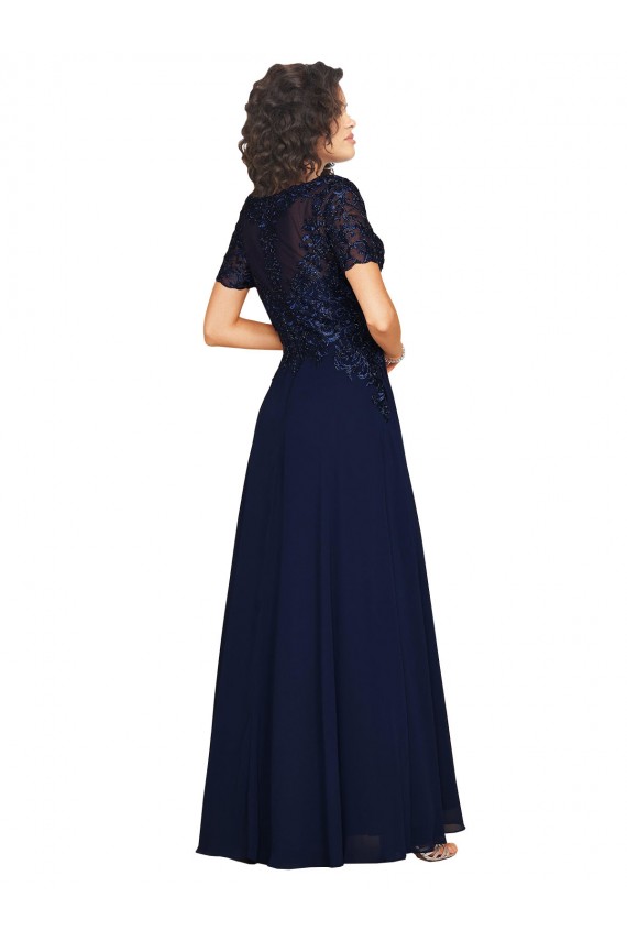 Acheter Bleu marine foncé Trapèze Col rond Mousseline Longue Robes demoiselle d'honneur / Robes de bal