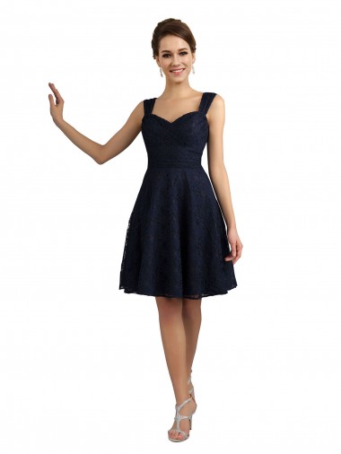 Acheter Bleu marine foncé Trapèze Dentelle Courte Robes demoiselle d'honneur / Robes de cocktail