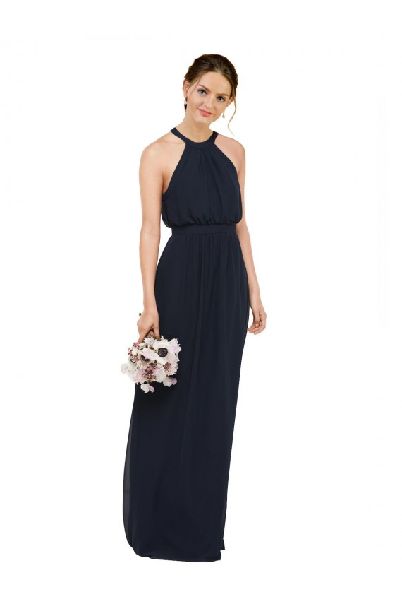 Acheter Bleu marine foncé Trapèze Licou Col Haut Mousseline Longue Robes demoiselle d'honneur