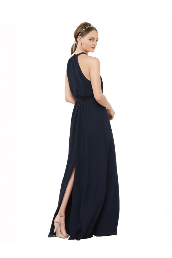 Acheter Bleu marine foncé Trapèze Licou Col Haut Mousseline Longue Robes demoiselle d'honneur