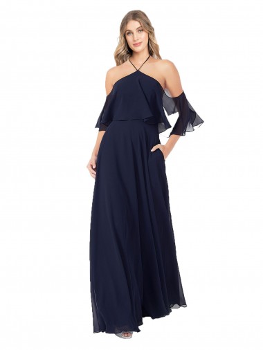 Acheter Bleu marine foncé Trapèze Licou Col Haut Mousseline Longue Robes demoiselle d'honneur