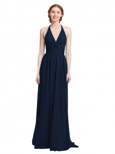 Acheter Bleu marine foncé Trapèze Licou Col V Mousseline Longue Robes demoiselle d'honneur