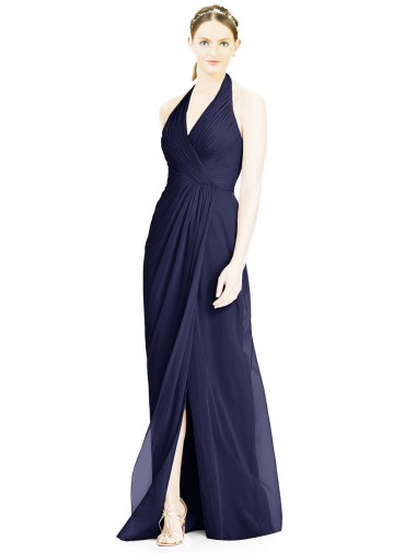 Acheter Bleu marine foncé Trapèze Licou Col V Mousseline Longue Robes demoiselle d'honneur