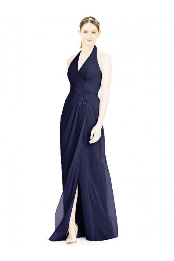 Acheter Bleu marine foncé Trapèze Licou Col V Mousseline Longue Robes demoiselle d'honneur