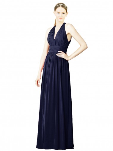 Acheter Bleu marine foncé Trapèze Licou Col V Mousseline Longue Robes demoiselle d'honneur