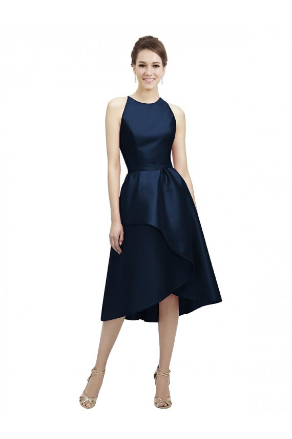 Acheter Bleu marine foncé Trapèze Licou Col bijou Satiné Courte Asymétrique Robes demoiselle d'honneur
