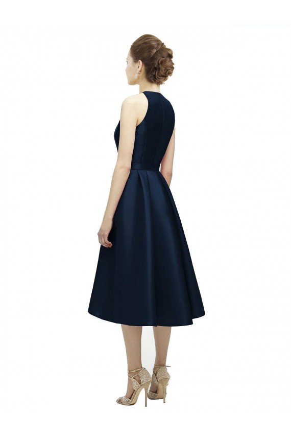 Acheter Bleu marine foncé Trapèze Licou Col bijou Satiné Courte Asymétrique Robes demoiselle d'honneur