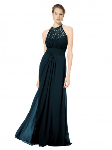 Acheter Bleu marine foncé Trapèze Licou Illusion Mousseline Dentelle Longue Robes demoiselle d'honneur