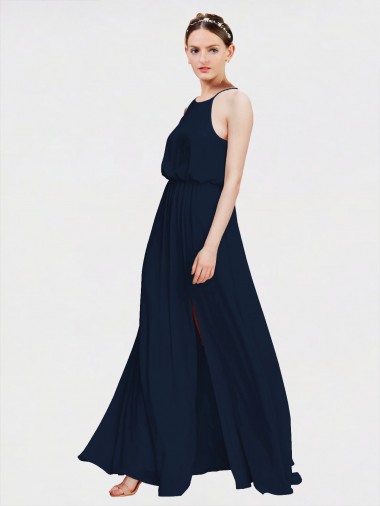 Acheter Bleu marine foncé Trapèze Licou Mousseline Longue Robes demoiselle d'honneur