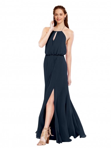 Acheter Bleu marine foncé Trapèze Licou Mousseline Longue Robes demoiselle d'honneur